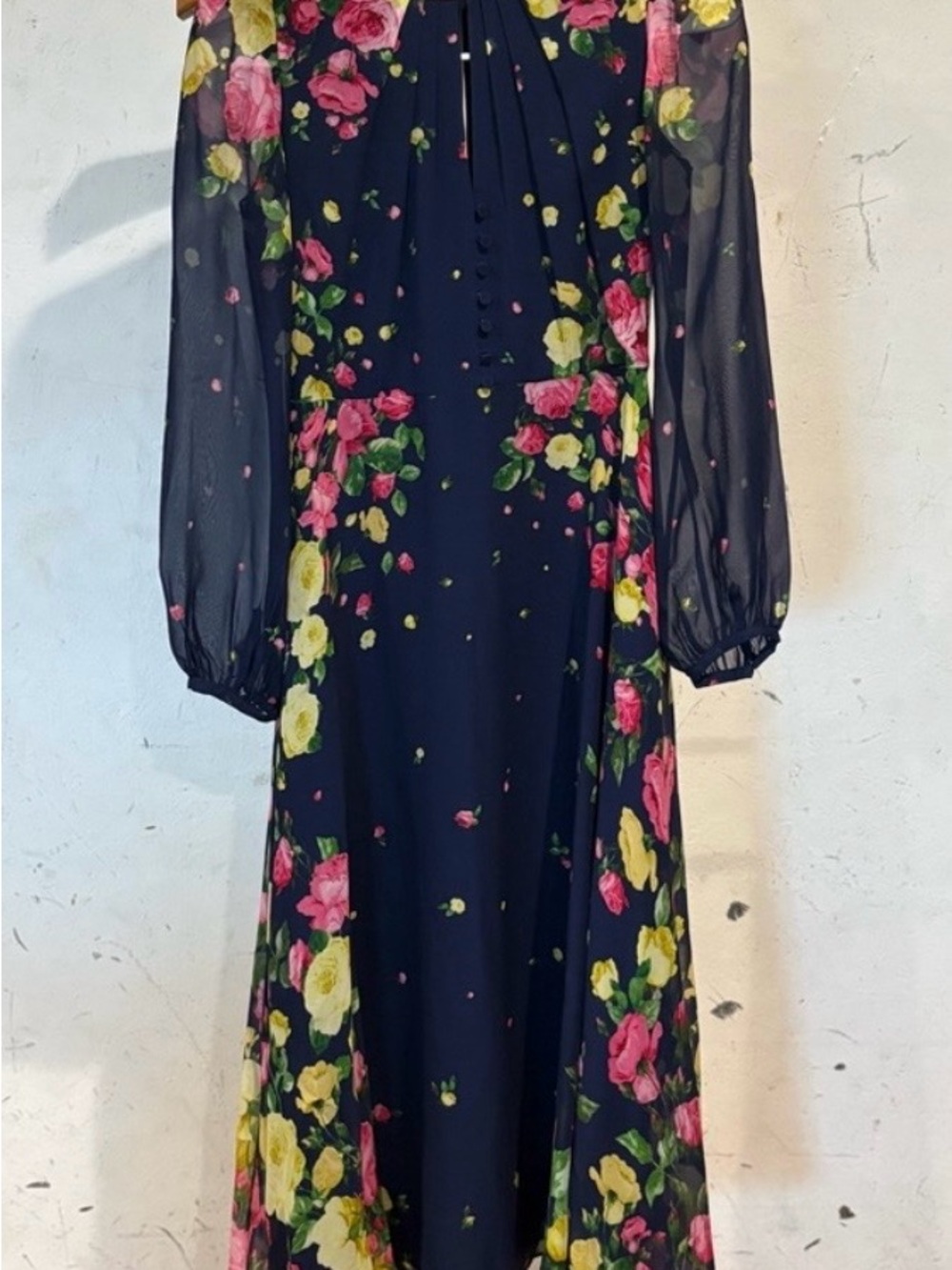 Women's Navy Floral Long-Sleeve Midi Dress, size 14
